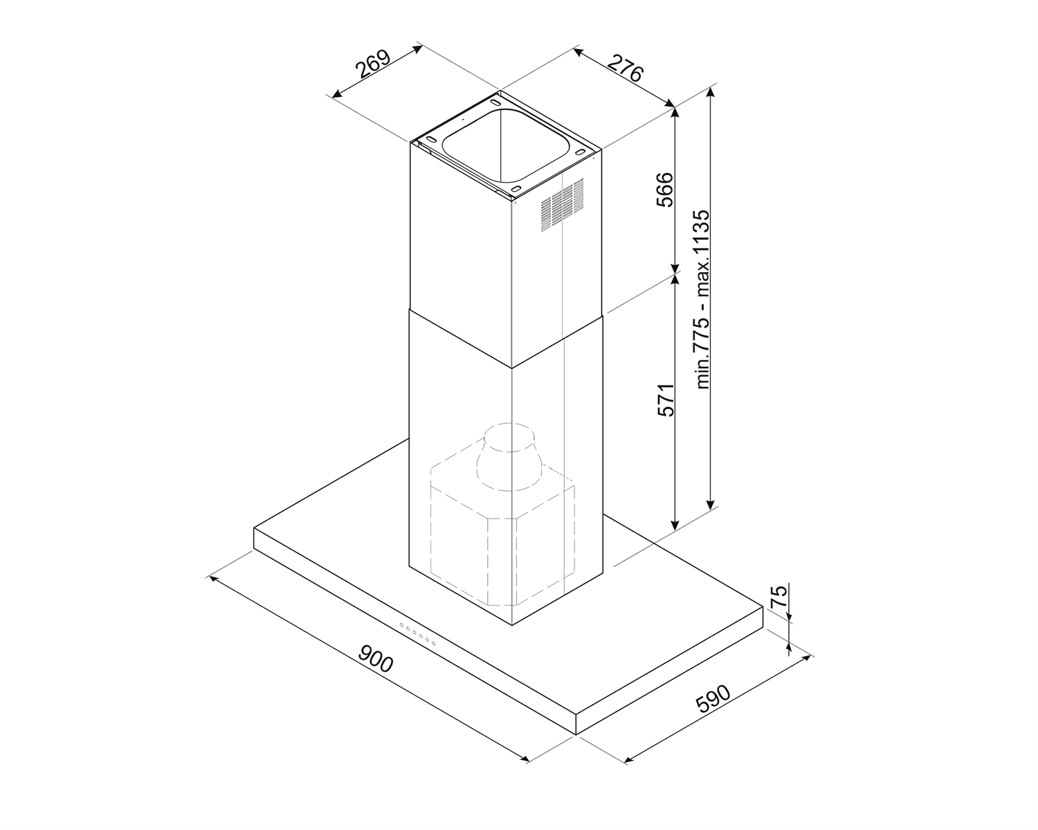 SMEG KLTI9L4MB eiland afzuigkap, technische tekening