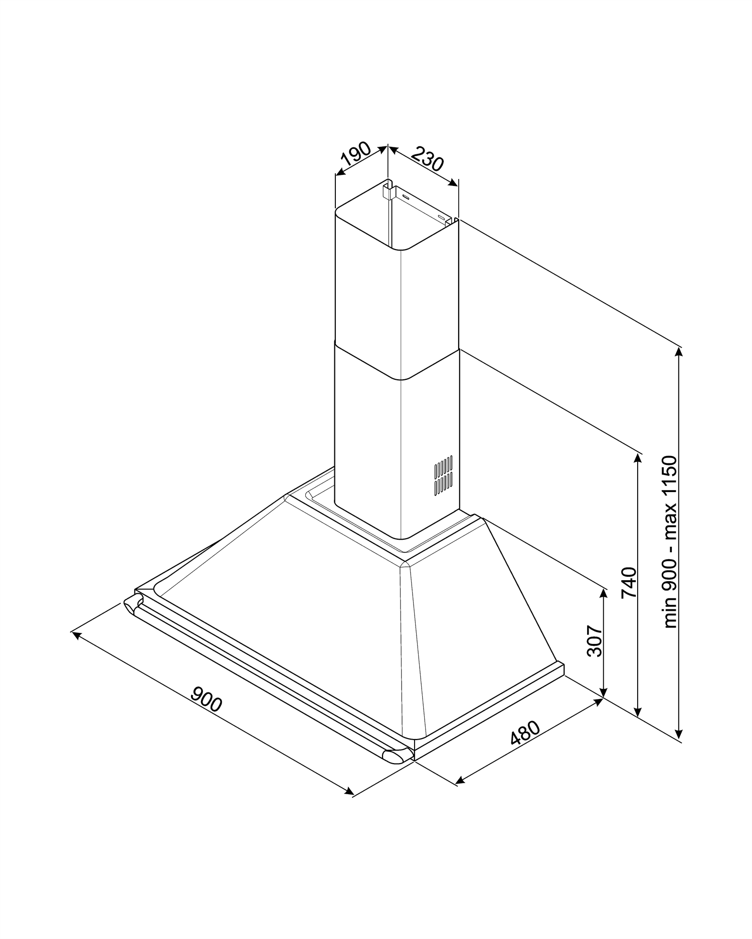 SMEG KT90GRE wand afzuigkap, technische tekening
