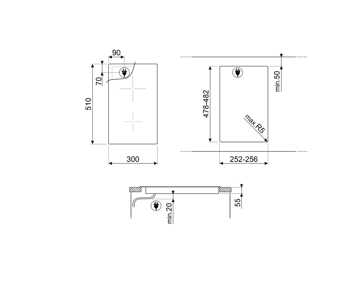 SMEG SI2321D kookplaat, technische tekening