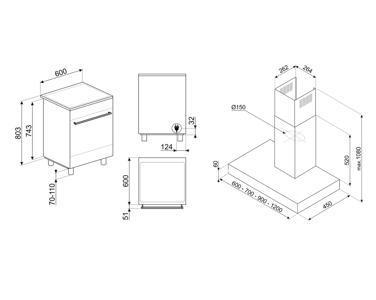 SMEG C6IMMBT2 fornuis + KBT600MB afzuigkap, technische tekening