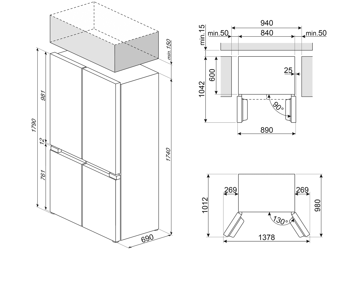 SMEG FQI48KD koelkast, technische tekening