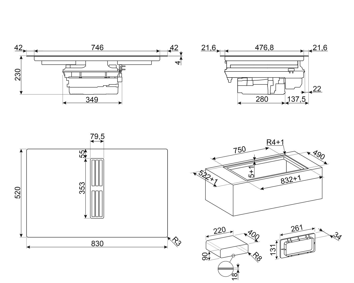 SMEG HOBD682D2 kookplaat, technische tekening