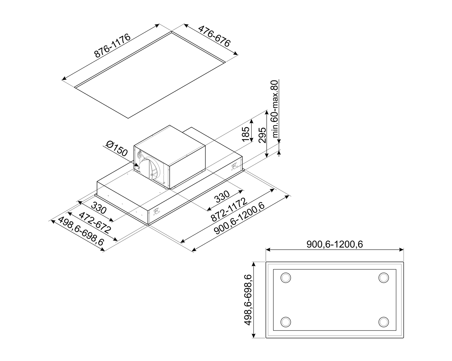 SMEG KSCB90XE Plafond unit afzuigkap, technische tekening