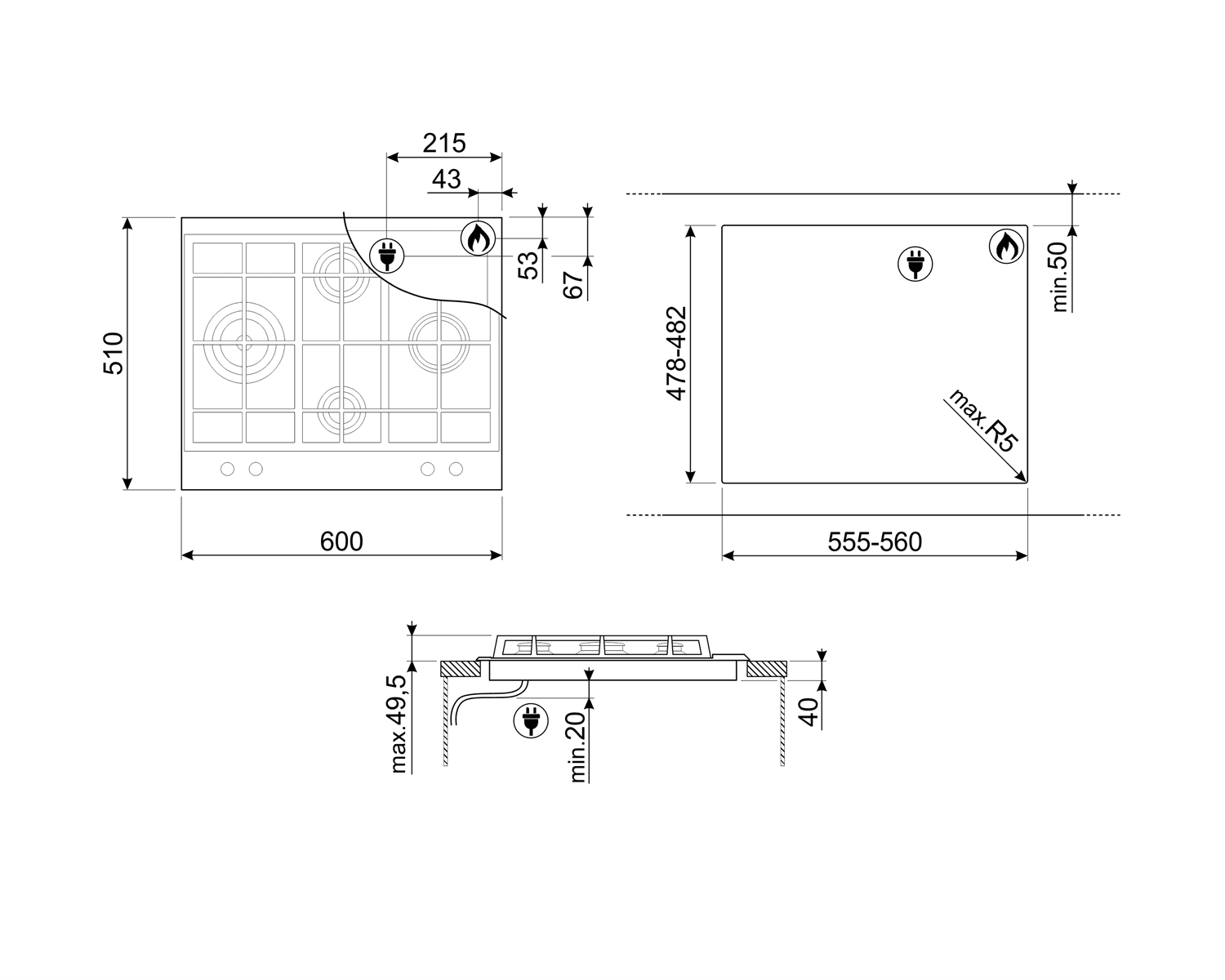 SMEG P261XGHNLK kookplaat, technische tekening