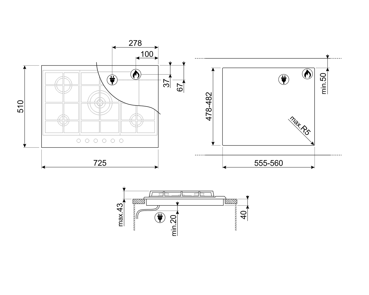 SMEG P272XGHNLK kookplaat, technische tekening