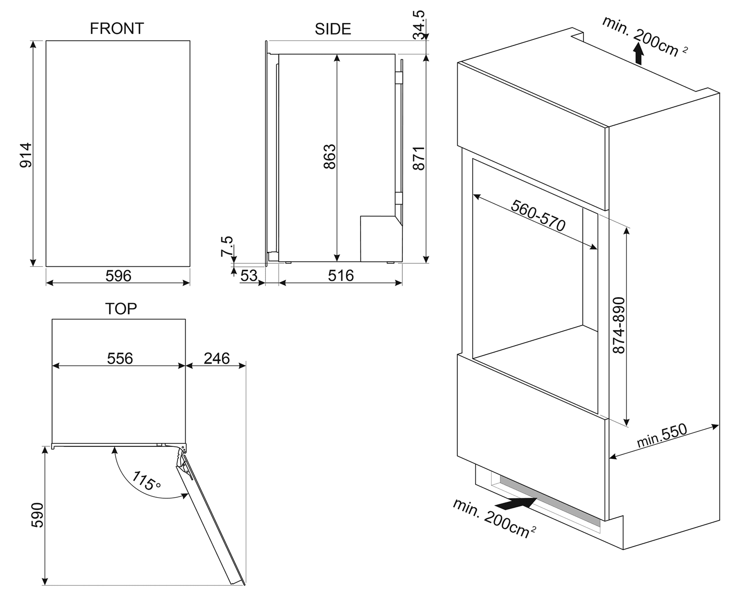 SMEG CVI040BE wijnklimaatkast zwart, technische tekening
