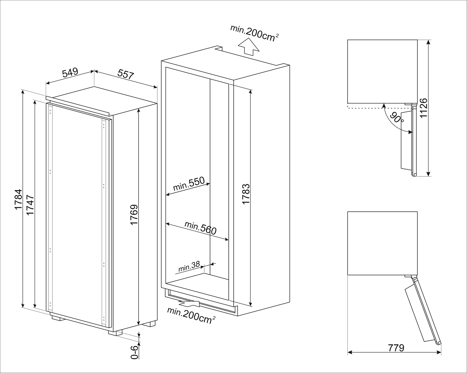 SMEG S9F174DND vriezer, technische tekening