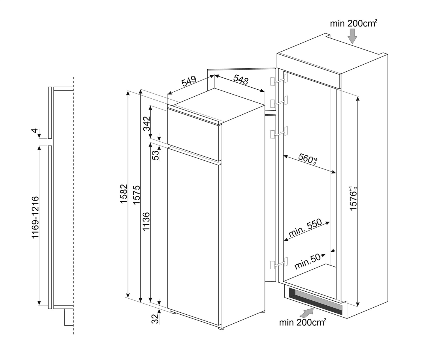 SMEG D4152E koelkast, technische tekening