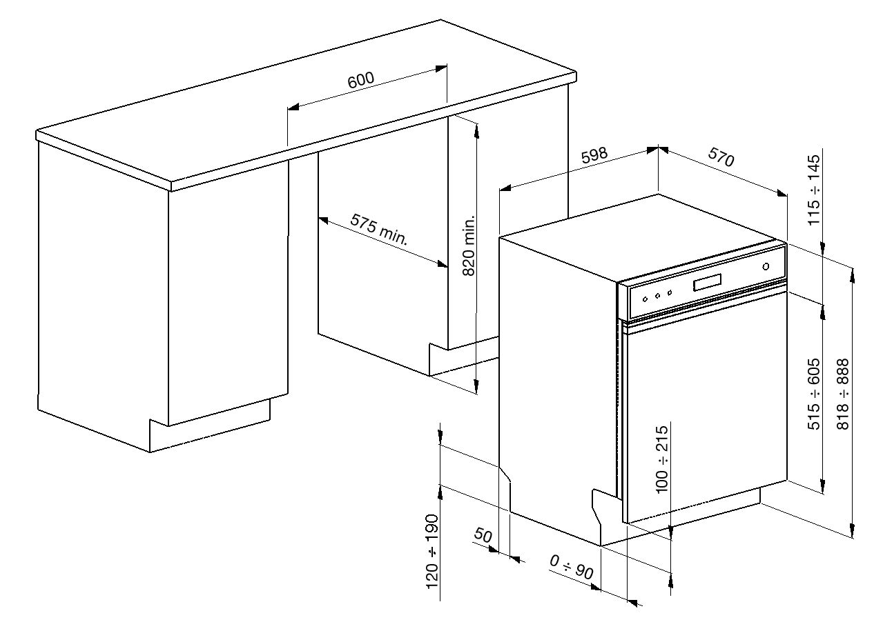 SMEG PL254CX vaatwasser, technische tekening