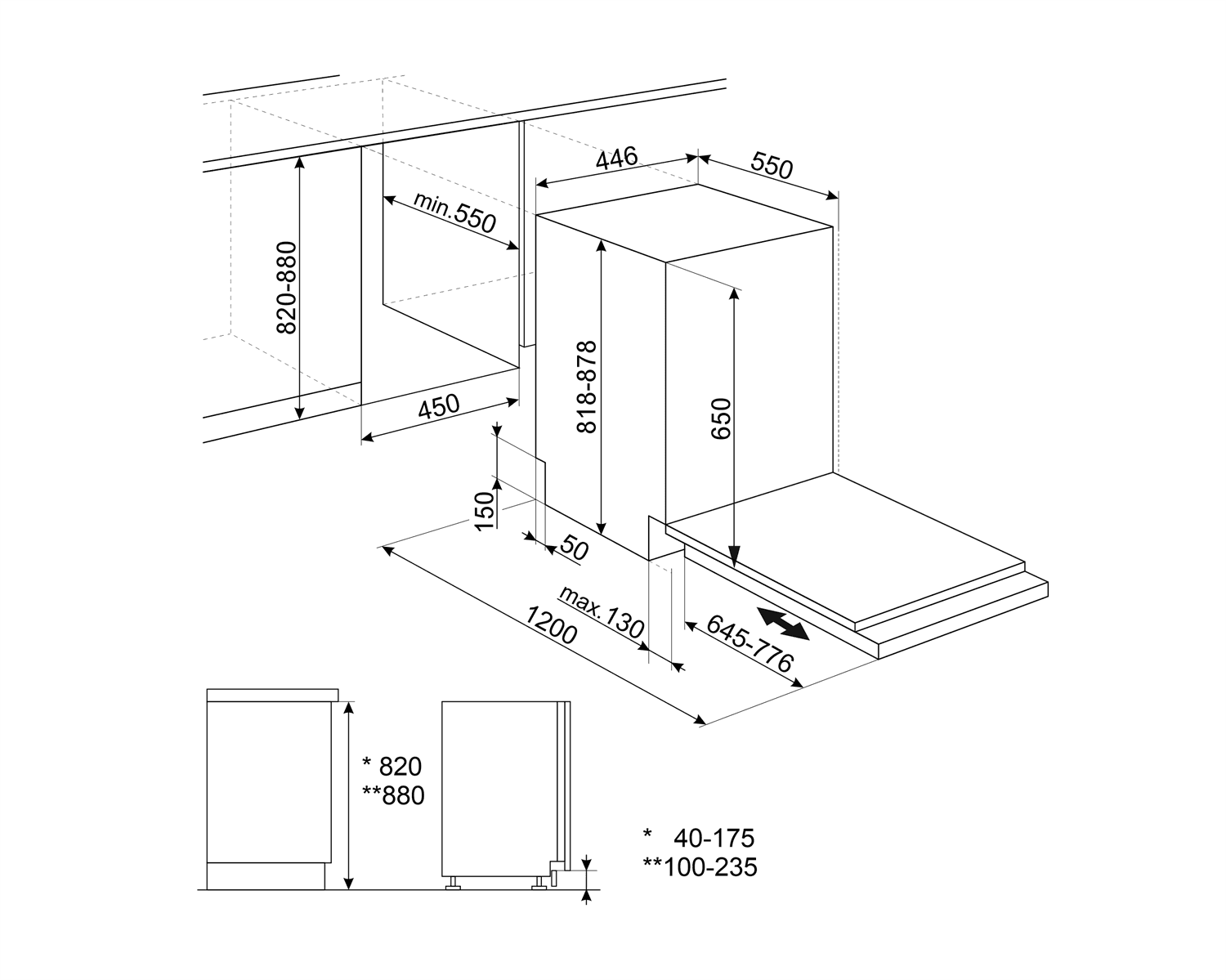 SMEG ST4523DIN vaatwasser, technische tekening