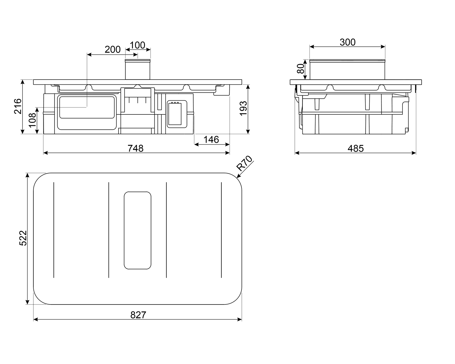 SMEG HHSL7845X kookplaat, technische tekening