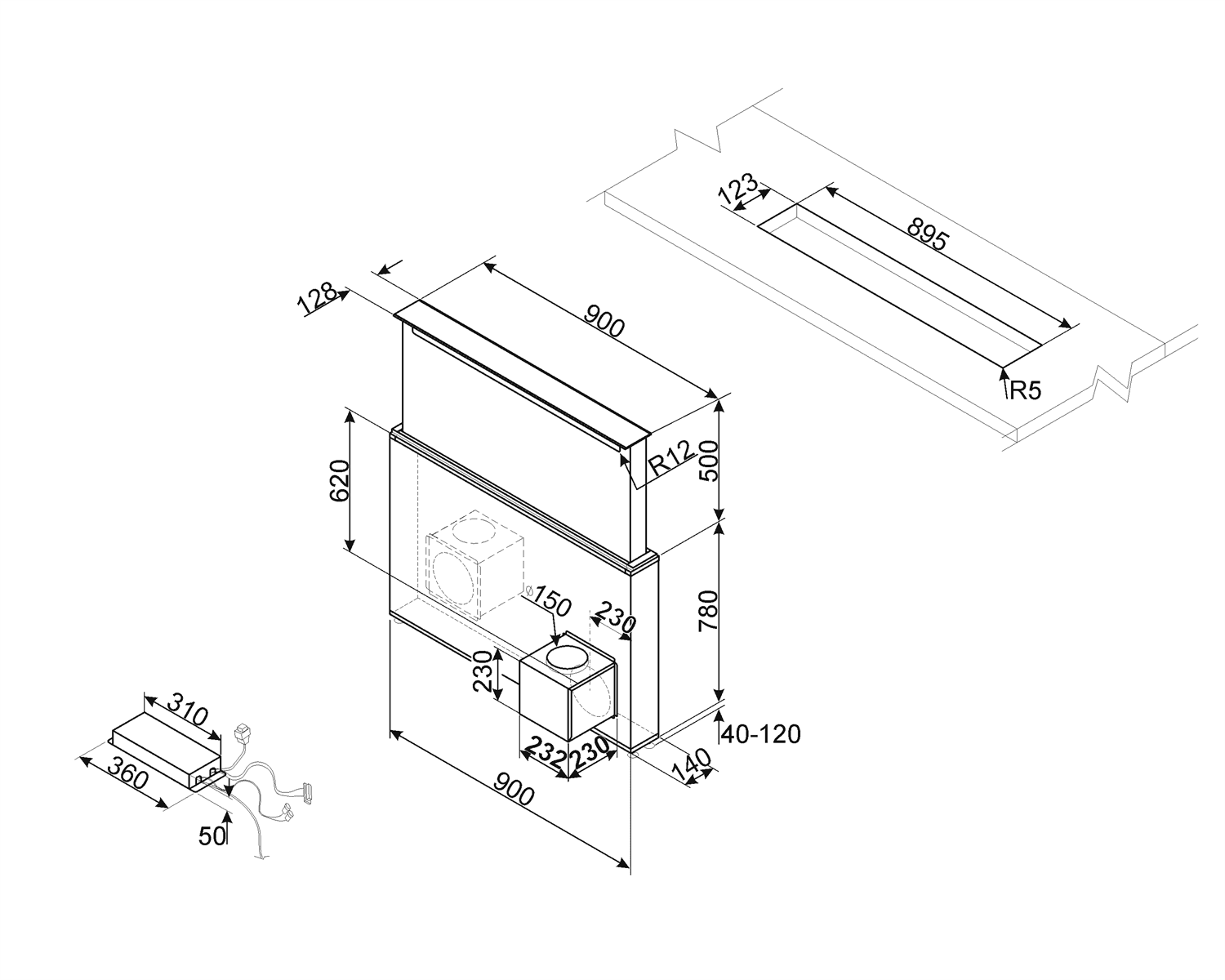SMEG KSDD90VN-2 downdraft afzuigkap, technische tekening