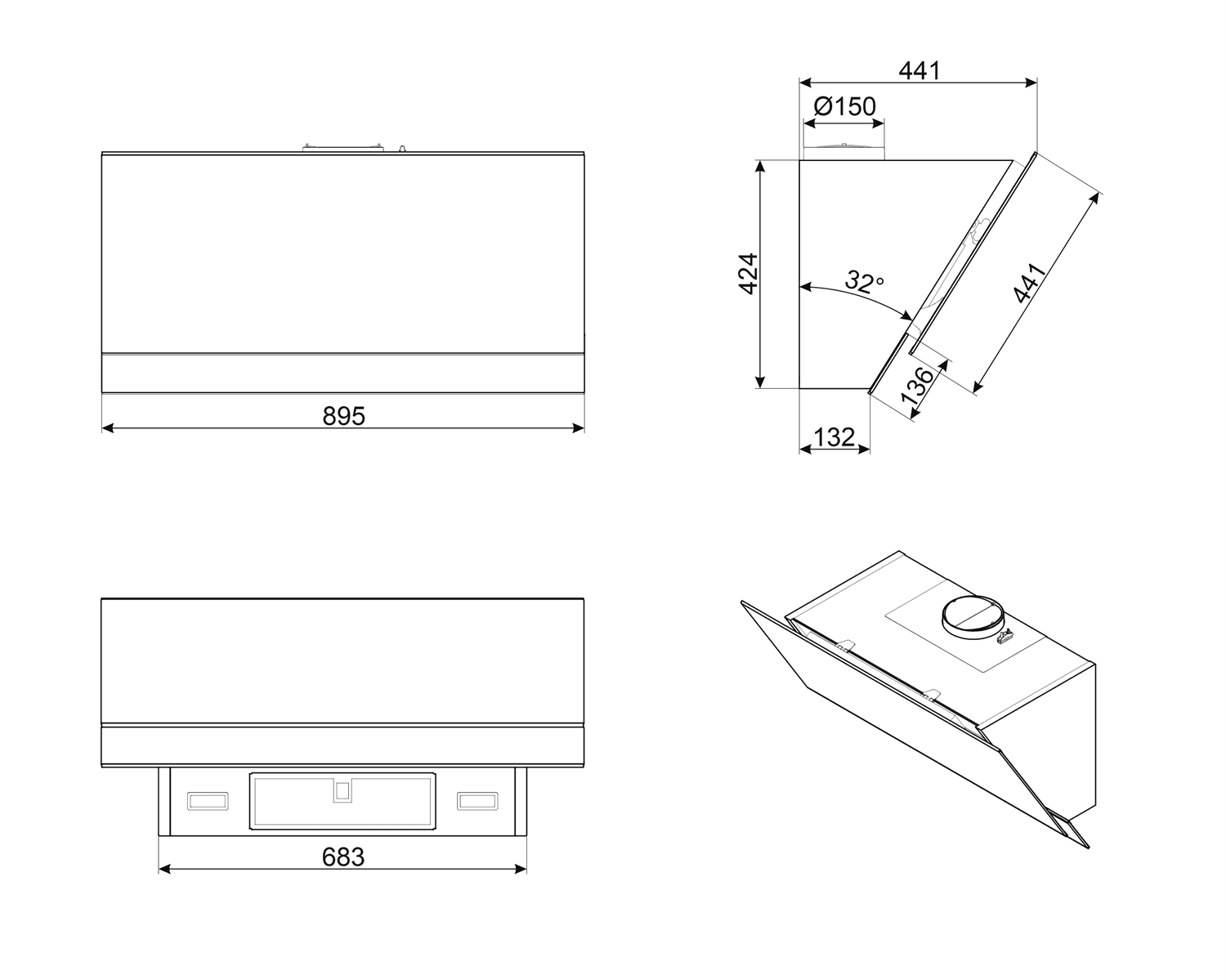SMEG KV694R wand afzuigkap, technische tekening