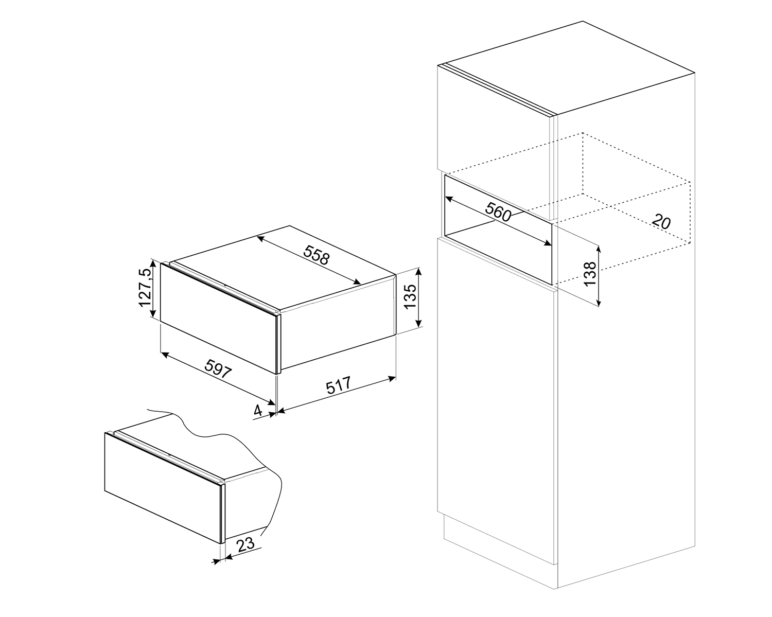 SMEG CPR215B warmhoudlade, technische tekening